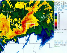 Rear-inflow notch caused by the sinking of the jet behind a bow echo line Rear-inflow notch.png