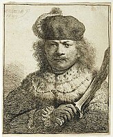 Rembrandt's self-portrait as an oriental potentate with a kris/keris, a Javanese blade weapon from the VOC era (etching, c. 1634). Also, he was one of the first known western printmakers to extensively use (the VOC-imported) Japanese paper. It's important to note that some major figures of Dutch Golden Age art like Rembrandt and Vermeer never went abroad during their lifetime. More than just a for-profit corporation of the early modern world, the VOC was instrumental in 'bringing' the East (Orient) to the West (Occident),[106][107][108][109][110] and vice versa.[111][112][113][114]
