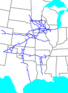 The Rock Island Line shipped goods from west of the Mississippi, across the bridge at Rock Island, east to Chicago. This map shows the railroad's extent in 1965. Rock Island System Map.png