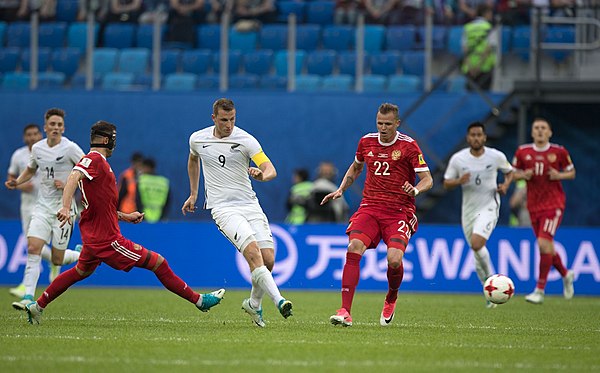 New Zealand playing against Russia in the 2017 FIFA Confederations Cup.