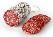 Salami, a fermented and air-dried sausage, originally made in Italy