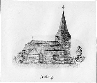 Den äldre kyrkan på en teckning från 1873.