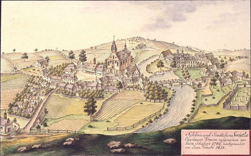 File:Schloss und Staedtchen Swietla Cžaslauer Kreises, aufgenommen von Felix Schubert 1782, nachgemahlt von Joan. Venuto 1813.jpg