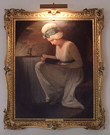 Old painting of a girl reading by candle-light
