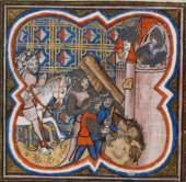 14th-century illustration of the siege in the Grandes Chroniques de France, depicting the Mamluks undermining the city walls Siege d'Acre (1291).png