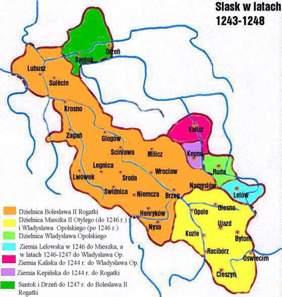 Lower Silesian lands (in orange) ruled by Bolesław until 1248