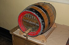 A small wooden barrel from the Bass Brewery; now in the museum Small Bass barrel from Burton 01.JPG