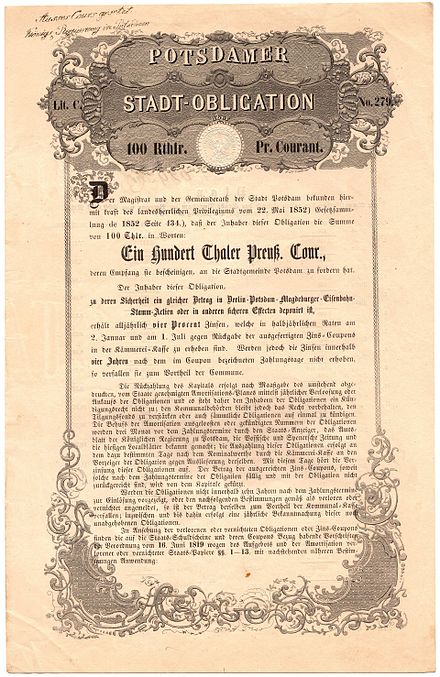 Bond of Potsdam, issued 22 May 1852