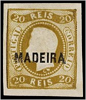 The first stamp of Madeira, overprint on a stamp of Portugal, 1868. 20 reis Stamp Madeira 1868 20r imperf.jpg