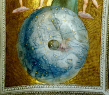 pintura de una esfera azul con estrellas y constelaciones.