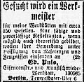 Stellenanzeige von Ed. Puls in den Münchner Neueste Nachrichten und Münchener Anzeiger, 1885