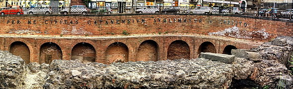 Panoramic view of the inscription installed on the excavated amphitheatre per me civitas catanensium sublimatur a Christo (Through me, the City of Catania is raised up by Christ), a statement attributed to Saint Agatha, who is meant to have been martyred nearby. StesicoroBig3.jpg