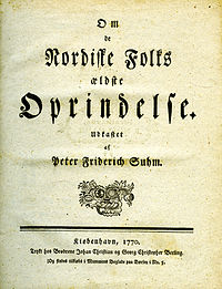 The title page of Om de Nordiske Folks ældste Oprindelse (1770) by Peter Frederik Suhm. (32.3 Mpx)