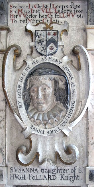 Panel in memory of Susanna Pollard (died 1634), detail from monument to her husband John Northcote (1570-1632), Newton St Cyres Church SusannaPollardPanel NewtonStCyres.JPG