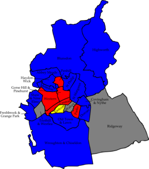 Map of the results of the 2006 Swindon council election. Conservatives in blue, Labour in red and Liberal Democrat in yellow. Wards in grey were not contested in 2006. Swindon 2006 election map.png