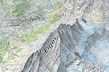 Screen capture of the geographical portal, showing a 3D rendering of the 1:25'000 map