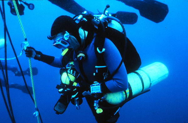 Technical diver at a decompression stop.