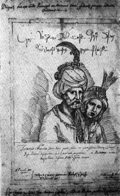 Teimuraz I of Kakheti and his wife Khorashan. A sketch from the album of the contemporaneous Roman Catholic missionary Cristoforo Castelli.