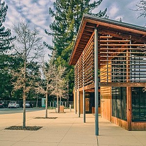 The Portola Valley Library -- Designed by Goring & Straja with Siegel & Strain -wood -sustainable -leed -design -architecture -landscape -path -tree -library -redwood -evening -glow (12243581666).jpg