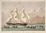 Thumbnail for File:The missionary ship "Duff" arriving (ca. 1797) at Otaheite, lithograph by Kronheim &amp; Co.jpg