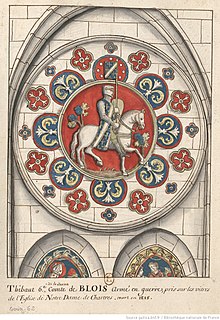 Dessin d'un vitrail de Notre-Dame de Chartres : figure équestre de Thibaud VI, portant écu et cotte armorié.