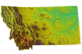 Mapa umístění pohoří Bridger Range v Montaně.