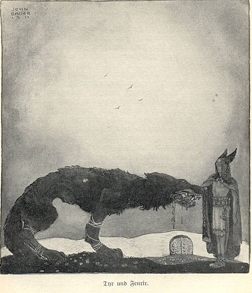 Týr sacrifices his arm to Fenrir in an illustration by John Bauer, 1911.