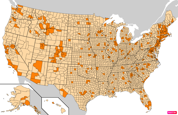 Counties in the United States by the percentage of the over 25-year-old population with bachelor's degrees according to the U.S. Census Bureau American Community Survey 2013–2017 5-Year Estimates.[207] Counties with higher percentages of bachelor's degrees than the United States as a whole are in full orange.