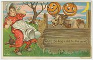 Postcard which depicts the aftermath of a Halloween prank.