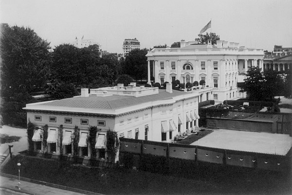 The original West Wing and tennis court, c. 1903