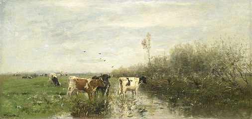 Cows in a Wet Pasture label QS:Len,"Cows in a Wet Pasture" label QS:Lpl,"Krowy na mokrym pastwisku" label QS:Lnl,"Koeien in een drassing weiland" 1860-1900. oil on canvas medium QS:P186,Q296955;P186,Q12321255,P518,Q861259 . 48.5 × 100 cm (19 × 39.3 in). Amsterdam, Rijksmuseum Amsterdam.