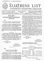 In 1945, the decree temporarily banning the return of the colonists was published in the government periodical Sluzbeni list Zabrana povratka kolonistima.jpg