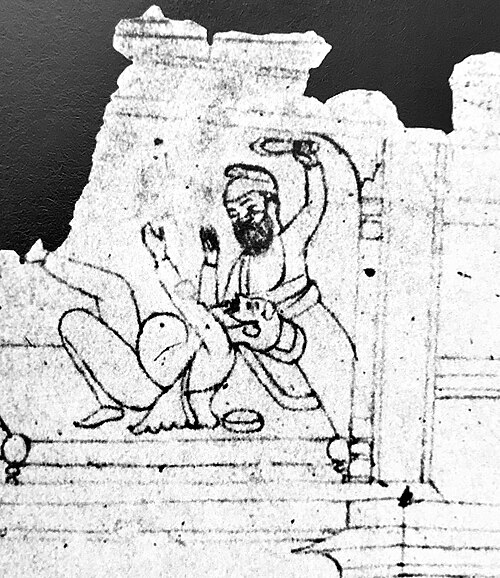 Zakariya Khan Bahadur being hit by a Singh's shoe, detail from a 19th century Sikh drawing