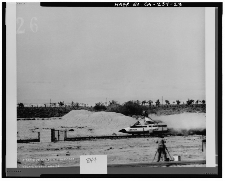 File:"G-AFFTC 20 APR 60, H-6-5A F-106A; ESCAPE SYSTEM RUN 5A." Testing the ejection system on a Convair sled. - Edwards Air Force Base, South Base Sled Track, Edwards Air HAER CAL,19-LANC.V,1-23.tif