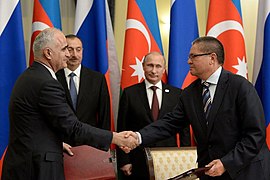 Şahin Mustafayev lors de la rencontre entre Vladimir Poutine et le président de la République d'Azerbaïdjan Ilham Aliyev.