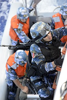 2014年,解放军海军陆战队士兵进行登舰演练
