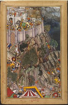 The Mughal Emperor Akbar placed highly accurate narrow barreled long-cannons, protected by sabats at the base of Ranthambore Fort. 1569-The imperial army besieges Ranathambhor fort-Akbarnama.jpg