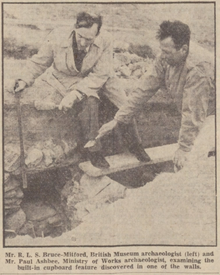 Bruce-Mitford (left) and Paul Ashbee (right) excavating at the Mawgan Porth Dark Age Village in 1950 1950.09.27 - The Western Morning News - Rupert Bruce-Mitford & Paul Ashbee.png