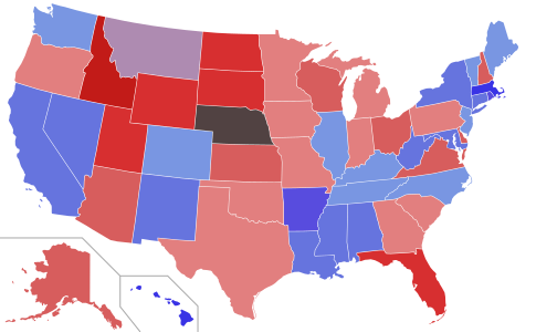 Lower house seats by party holding majority in each state Republican  50–60%  60–70%  70–80%  80–90%  90–100% Democratic  50–60%  60–70%  70–80%  80–90%  90–100%