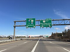 Interstate 99 in State College 2015-12-14 12 41 37 View north along Interstate 99 and U.S. Route 220 at Exit 73 (East U.S. Route 322, Penn State University, State College) in College Township, Pennsylvania.jpg