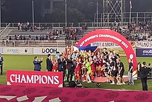 The Philippine national team being recognized for winning the title. 2022 AFF Championship Filipinas winner.jpg