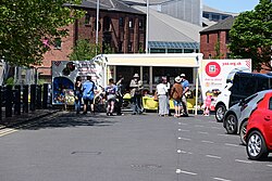 A display trailer for the Yorkshire Air Ambulance charity at the 2024 Distinguished Gentleman's Ride at Hull Marina, Kingston upon Hull.