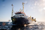 Sea-Watch 3 patrolling the central Mediterranean search and rescue area on 19 December 2018, two days before the rescue of 32 people. The incident led to an 18-day standoff in front of Malta.