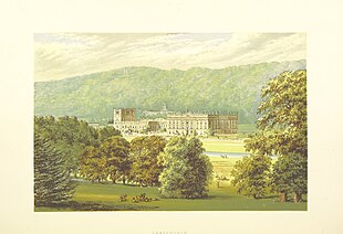 A painting of an English ancestral home in Chatsworth, Derbyshire. AH p138 - Chatsworth, Derbyshire - Morris, Ancestral Homes, 1868.jpg