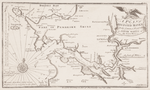 Survey of the strategic port of Milford Haven produced by Lewis Morris in 1748