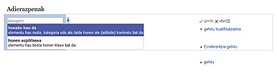 "property suggester" (of properties for statements on items without statements); image shows "instance of" (P31) and "subclass of" (P279) in Basque