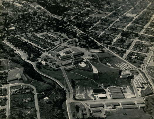 Aerial view of barracks occupied by soldiers and sailors of the Civil Affairs Staging Area (CASA) at the Presidio of Monterey during the Spring of 1945. Aerial View of Barracks at Presidio of Monterey.png