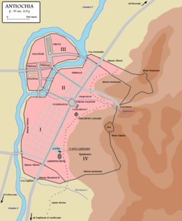 Map of the City where the Library was thought to be located upper end of the Colonaded Street lower slope of Mt. Silpius. Antiochia su Oronte.PNG