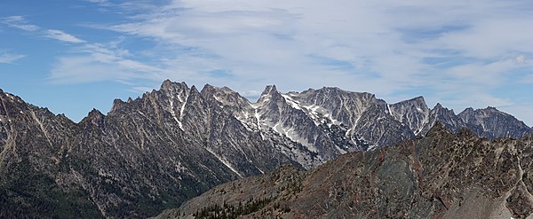 Argonaut Peak, left center; Colchuck Peak, center; Dragontail Peak, right center; from the southwest