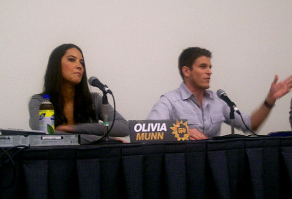 Olivia Munn and Kevin Pereira on a panel for Attack of the Show! at the 2008 Comic Con in San Diego, California.